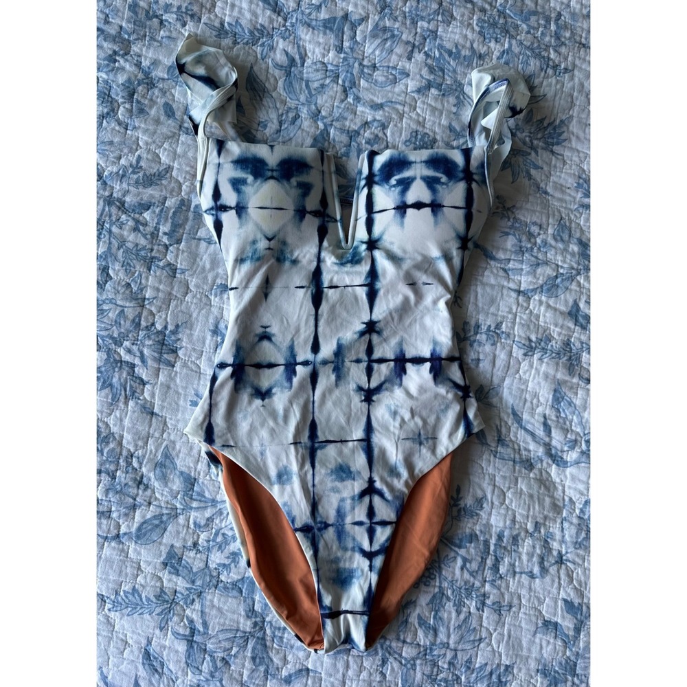 NWOT WET Swimwear Womens XS Shibori Tie Dye One Piece Swimsuit Ruffle Blue White